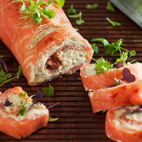 Smoked salmon and avocado roulade